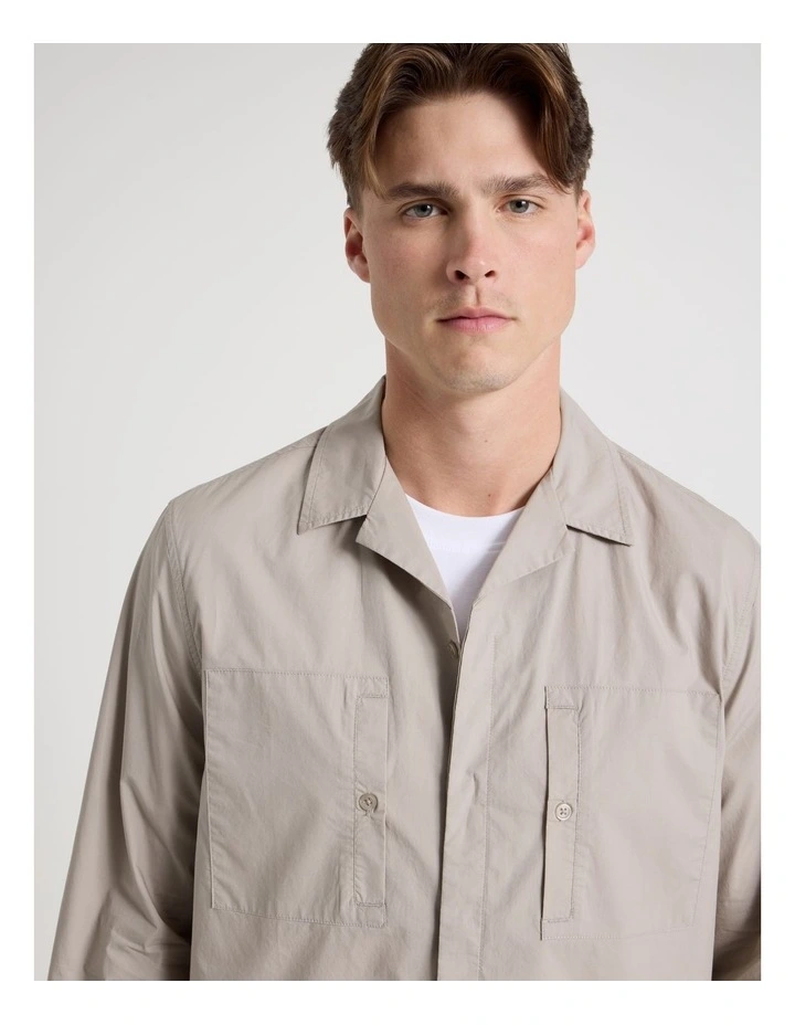 Oversized Lightweight Cotton Long Sleeve Shirt in Taupe image 3