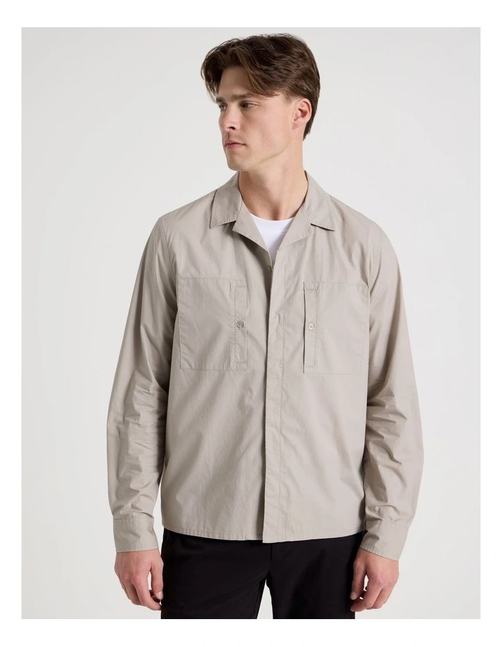 Oversized Lightweight Cotton Long Sleeve Shirt in Taupe image 5