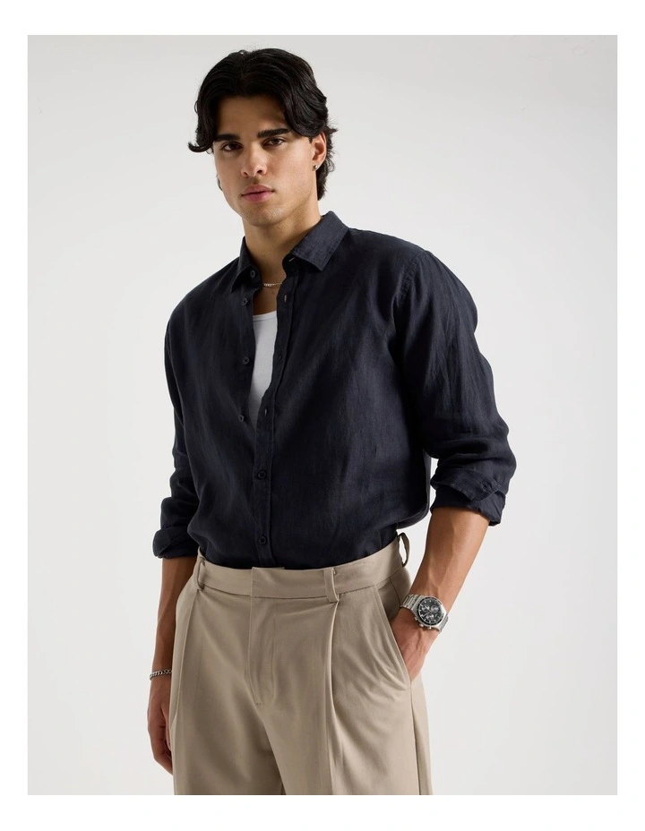 Linen Long Sleeve Shirt in Navy image 1