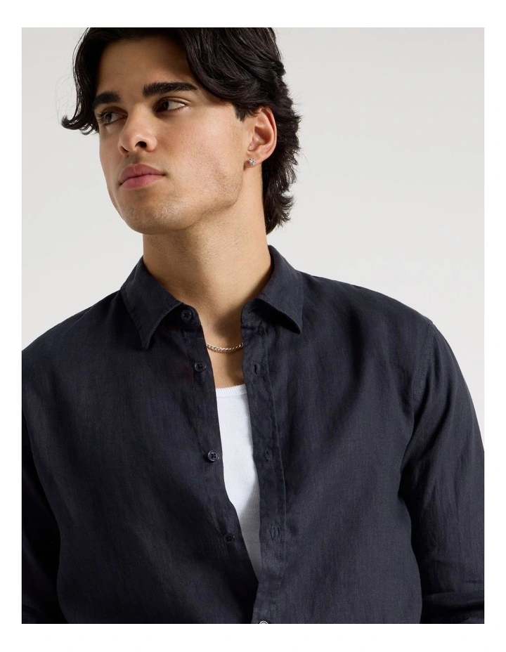 Linen Long Sleeve Shirt in Navy image 3