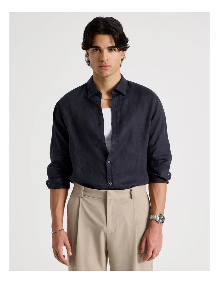Linen Long Sleeve Shirt in Navy image 4