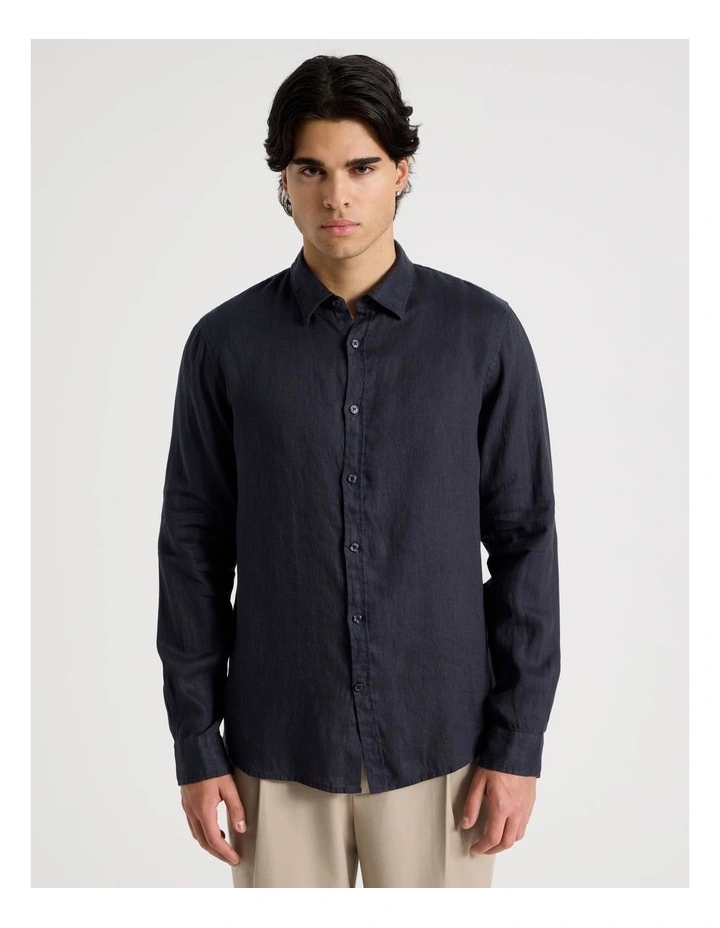 Linen Long Sleeve Shirt in Navy image 5