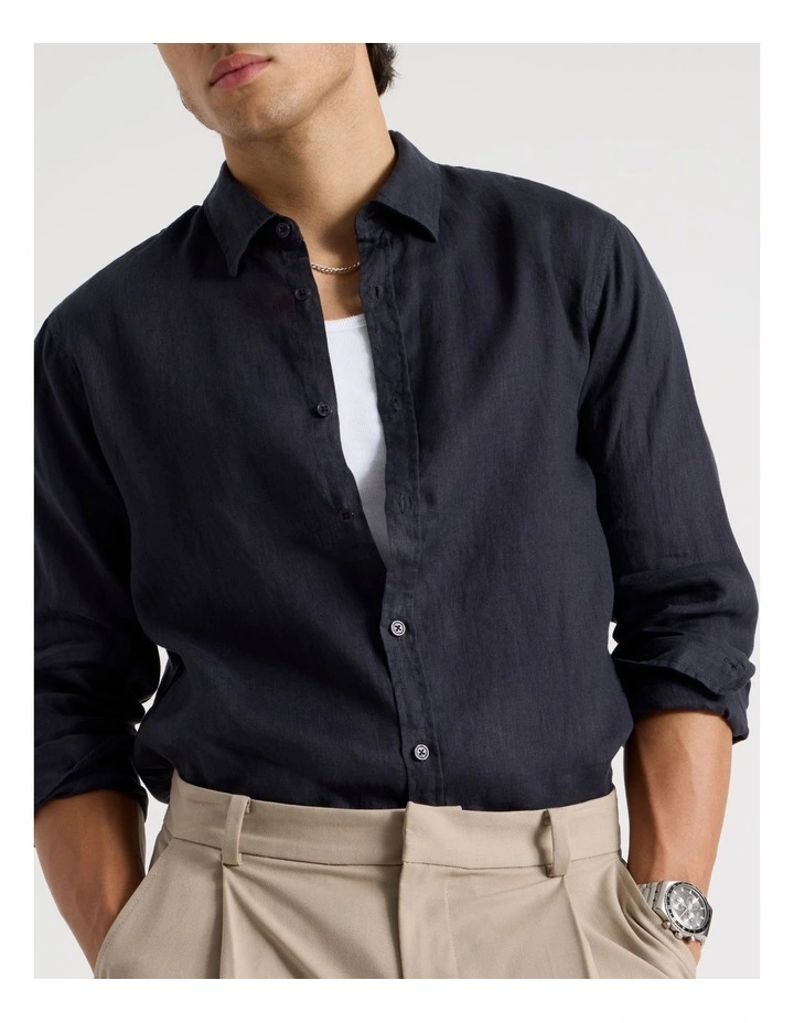 Linen Long Sleeve Shirt in Navy image 7