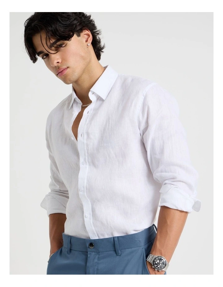 Linen Long Sleeve Shirt in White image 2