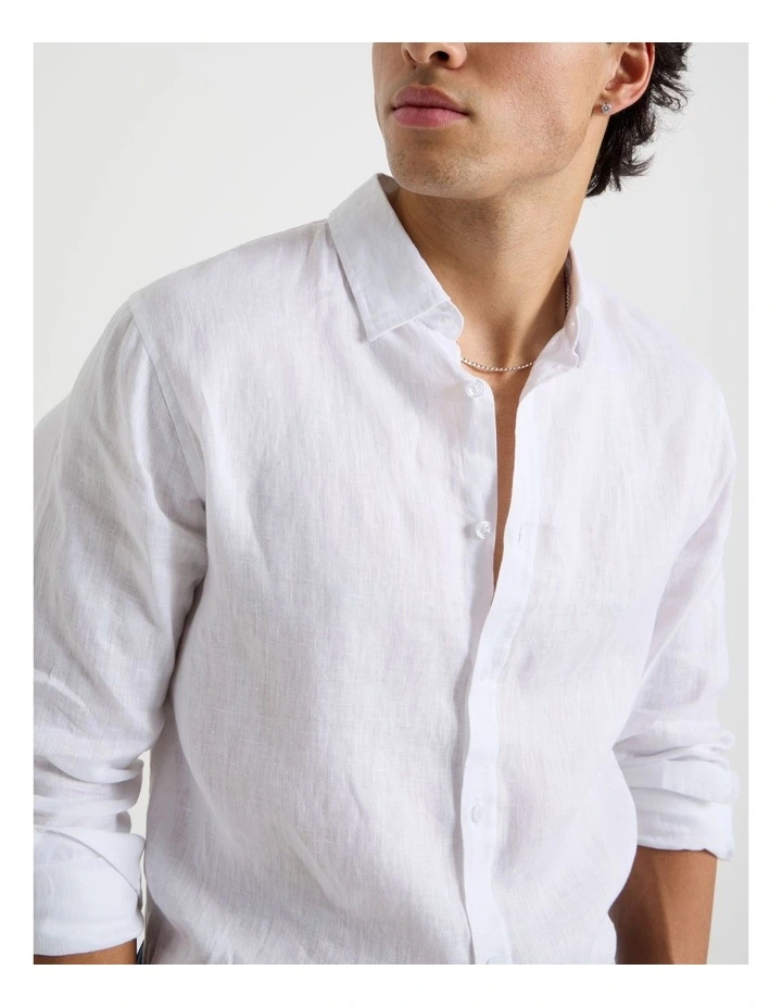 Linen Long Sleeve Shirt in White image 3