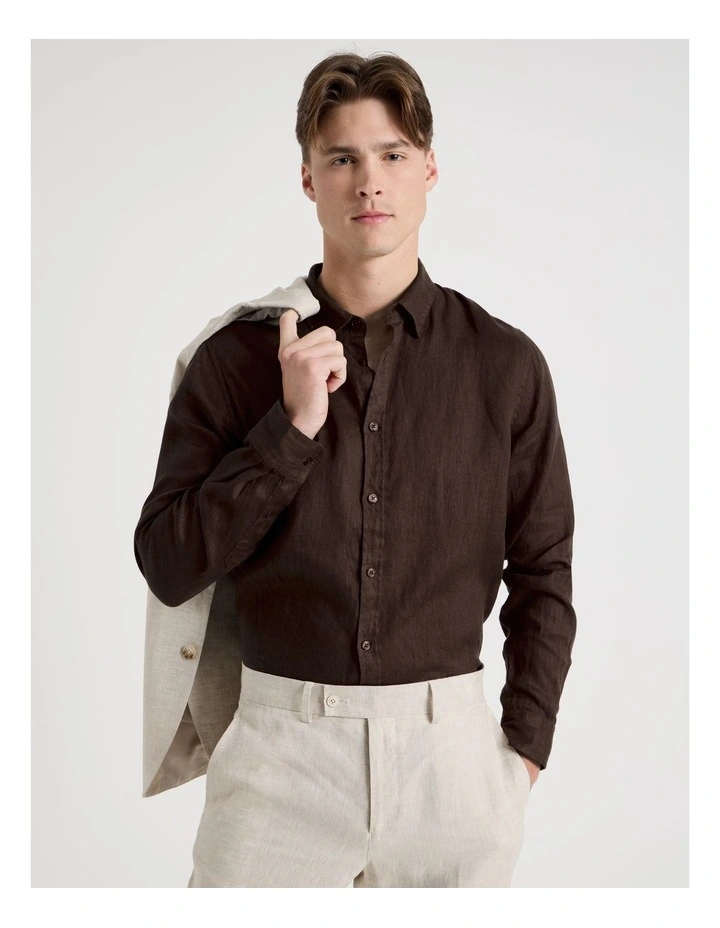 Linen Long Sleeve Shirt in Chocolate image 1