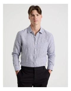 Linen Stripe Long Sleeve Shirt in Navy