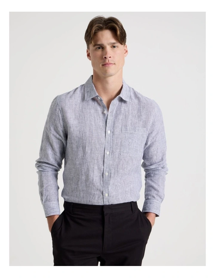 Linen Stripe Long Sleeve Shirt in Navy image 1