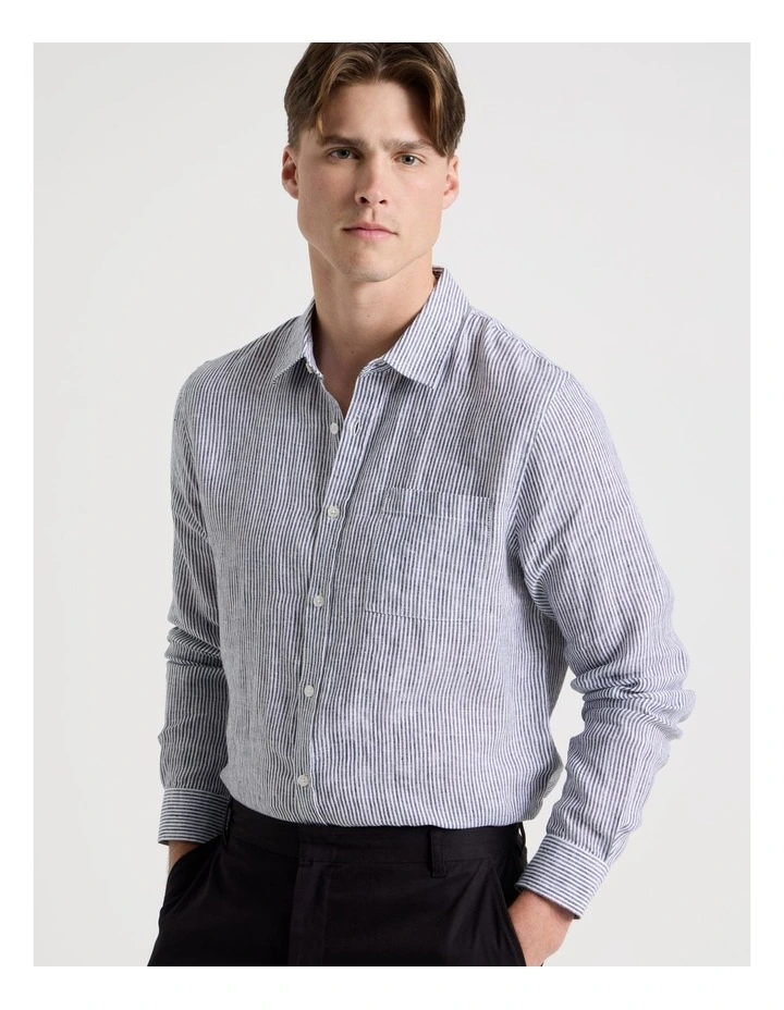 Linen Stripe Long Sleeve Shirt in Navy image 2