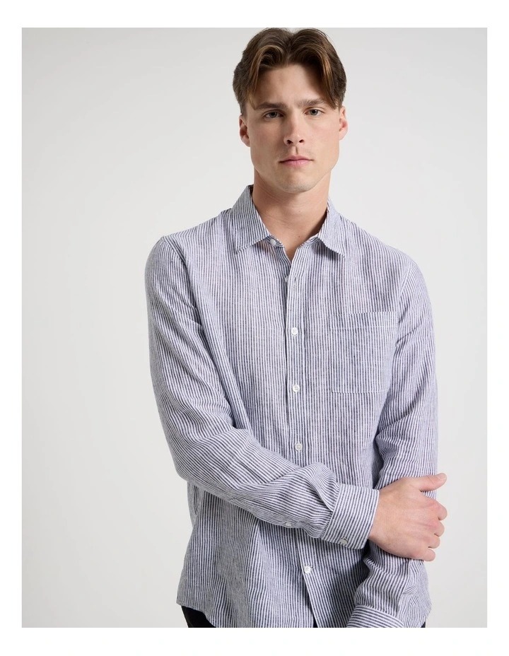 Linen Stripe Long Sleeve Shirt in Navy image 3