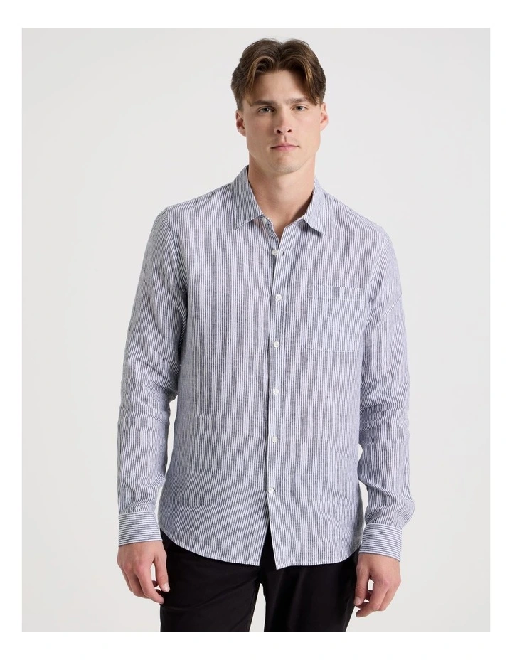 Linen Stripe Long Sleeve Shirt in Navy image 5