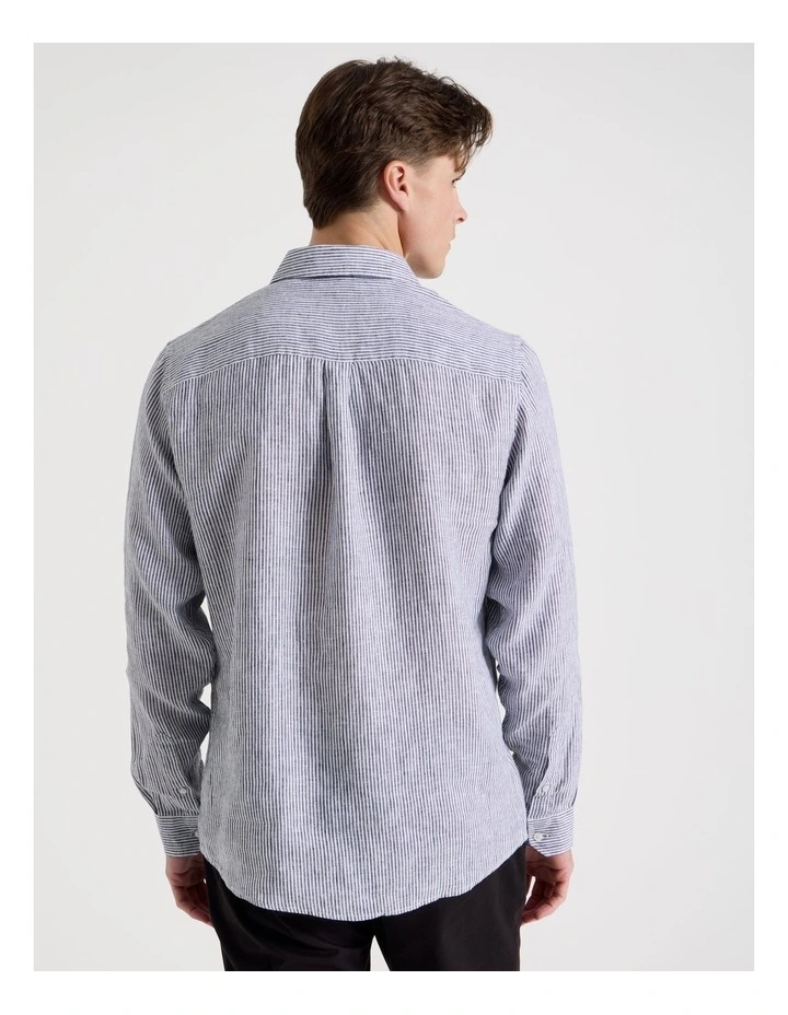 Linen Stripe Long Sleeve Shirt in Navy image 6