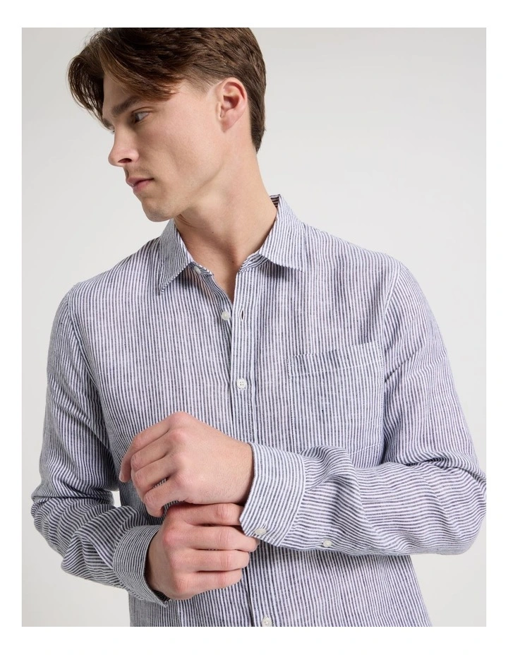 Linen Stripe Long Sleeve Shirt in Navy image 7