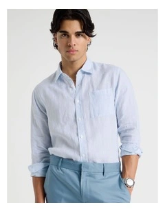 Linen Stripe Long Sleeve Shirt in Light Blue
