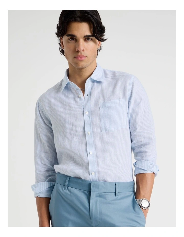 Linen Stripe Long Sleeve Shirt in Light Blue image 1