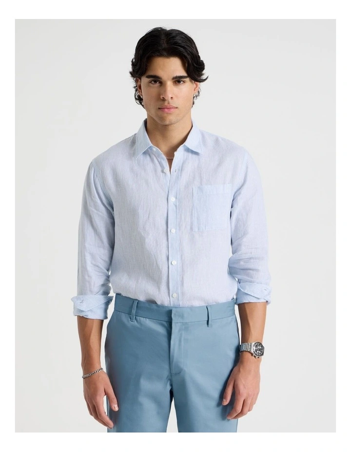 Linen Stripe Long Sleeve Shirt in Light Blue image 3