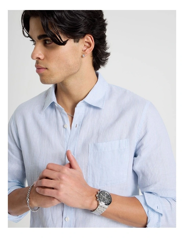 Linen Stripe Long Sleeve Shirt in Light Blue image 4