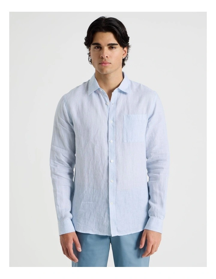 Linen Stripe Long Sleeve Shirt in Light Blue image 5