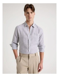 Linen Stripe Long Sleeve Shirt in Khaki