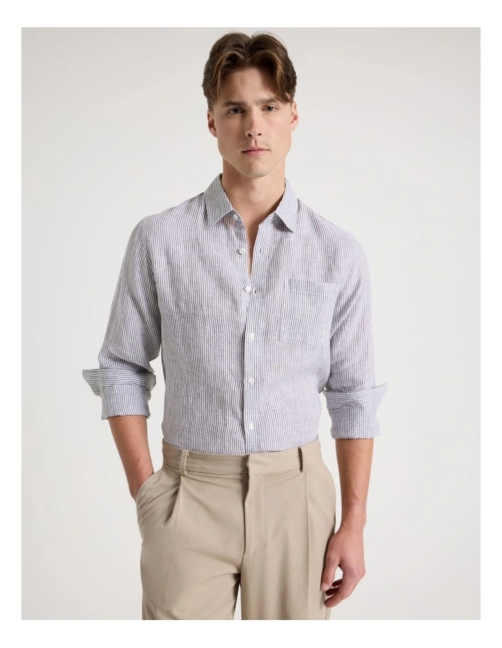 Linen Stripe Long Sleeve Shirt in Khaki image 1