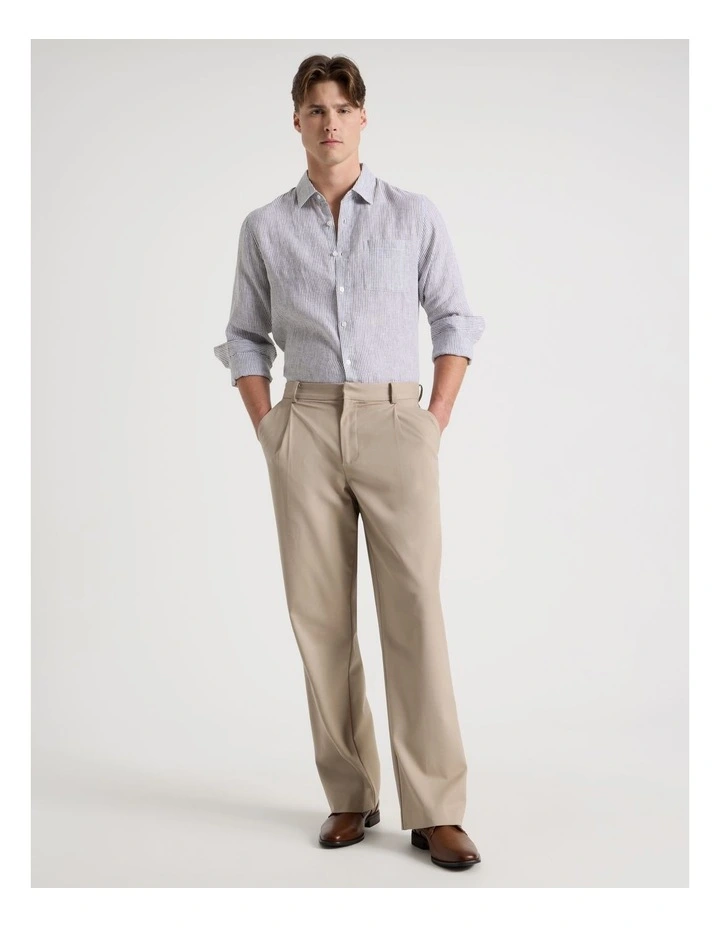 Linen Stripe Long Sleeve Shirt in Khaki image 2