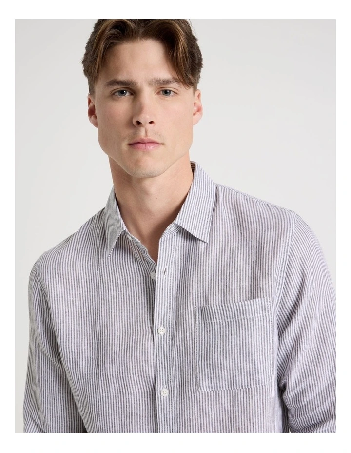 Linen Stripe Long Sleeve Shirt in Khaki image 3