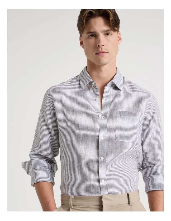 Linen Stripe Long Sleeve Shirt in Khaki image 4
