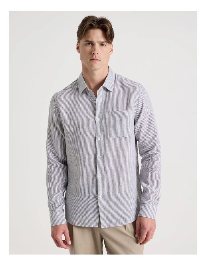 Linen Stripe Long Sleeve Shirt in Khaki image 5