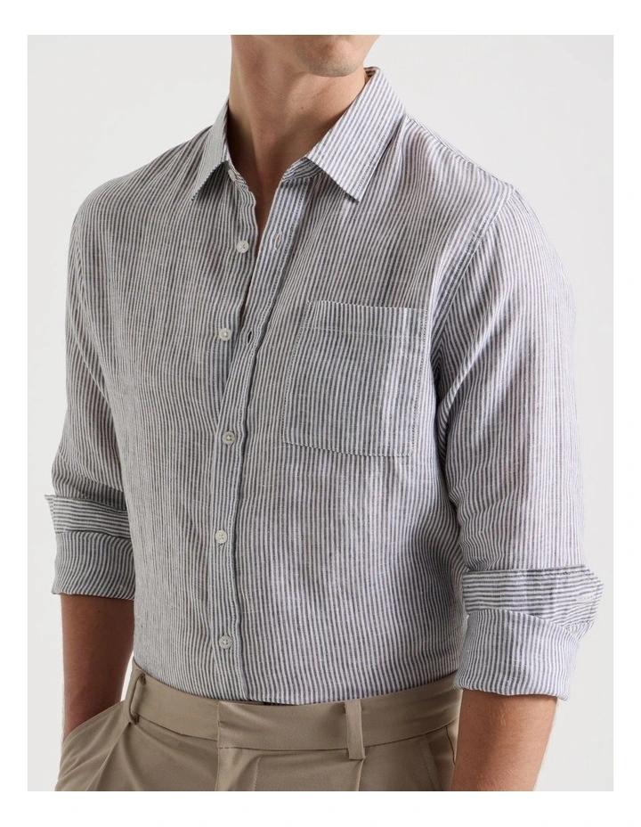 Linen Stripe Long Sleeve Shirt in Khaki image 7