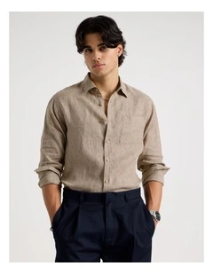 Linen Stripe Long Sleeve Shirt in Chocolate