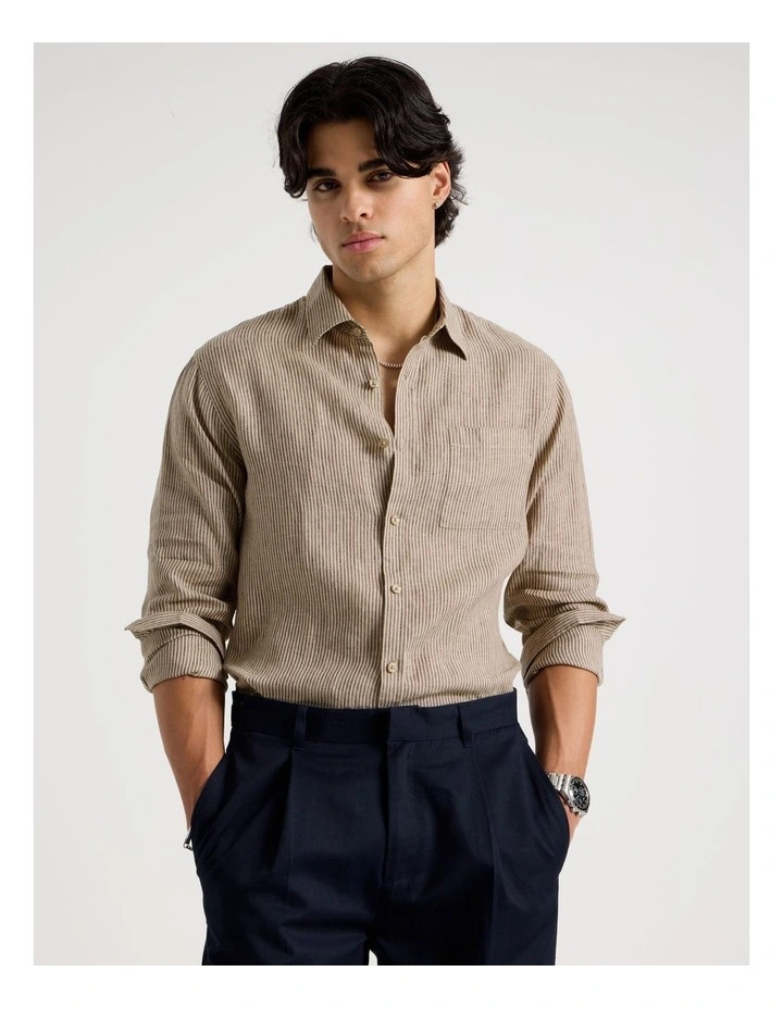 Linen Stripe Long Sleeve Shirt in Chocolate image 1