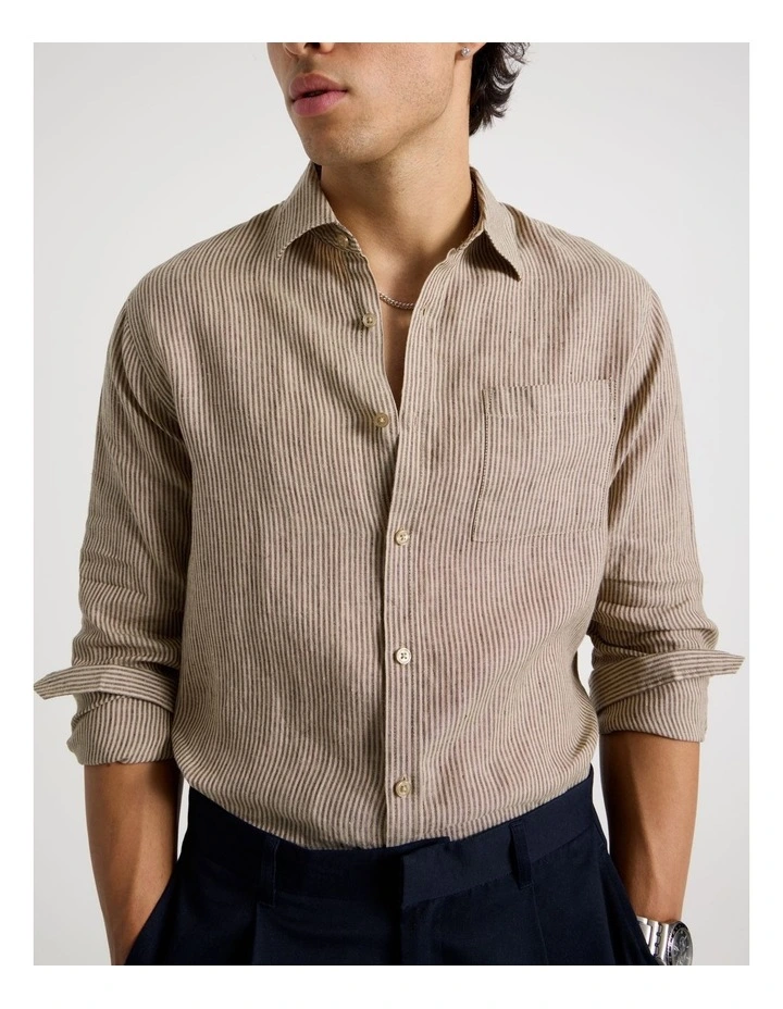 Linen Stripe Long Sleeve Shirt in Chocolate image 3