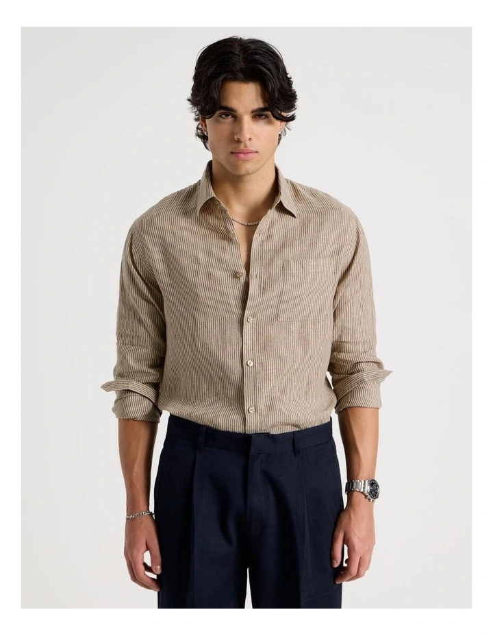 Linen Stripe Long Sleeve Shirt in Chocolate image 4