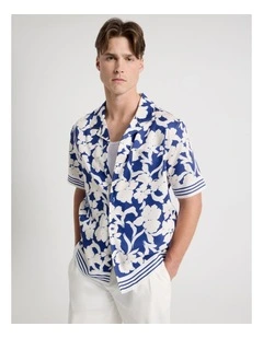 Resort Collar Printed Short Sleeve Shirt in Cobalt