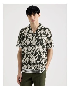 Resort Collar Printed Short Sleeve Shirt in Khaki
