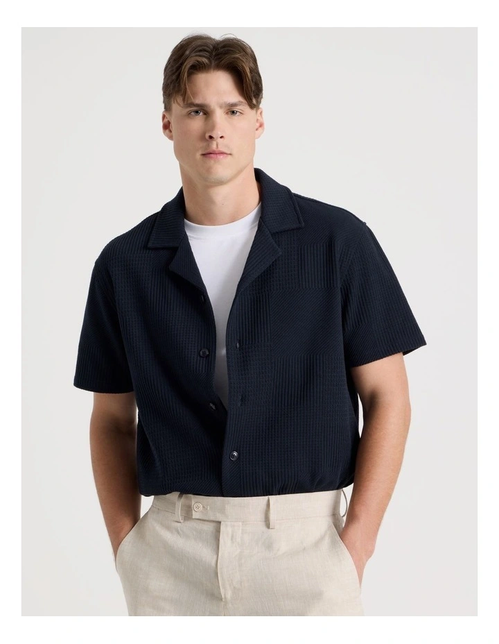 Relaxed Fit Textured Resort Collar Short Sleeve Shirt in Navy image 1