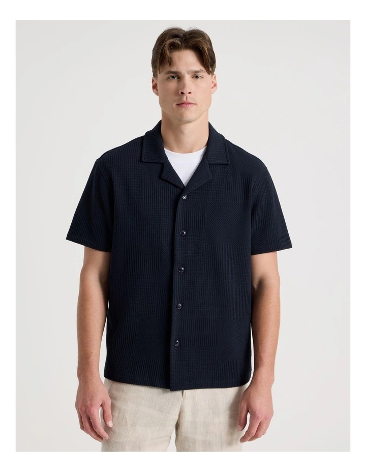 Relaxed Fit Textured Resort Collar Short Sleeve Shirt in Navy image 5