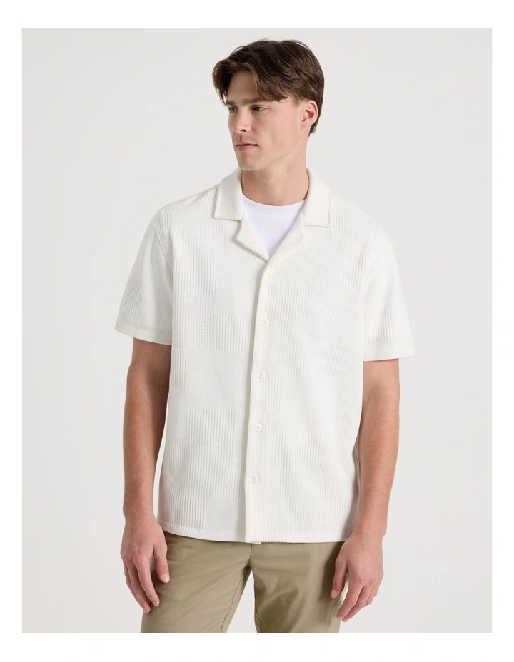 Relaxed Fit Textured Resort Collar Short Sleeve Shirt in White image 5