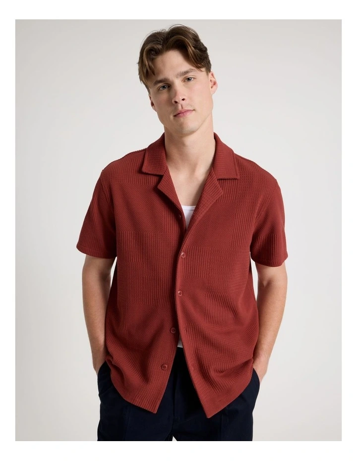 Relaxed Fit Textured Resort Collar Short Sleeve Shirt in Rust image 1