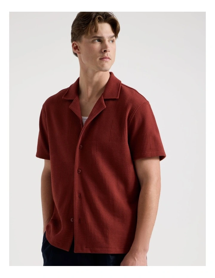 Relaxed Fit Textured Resort Collar Short Sleeve Shirt in Rust image 4