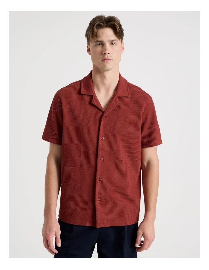 Relaxed Fit Textured Resort Collar Short Sleeve Shirt in Rust image 5