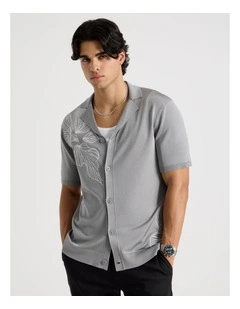 Embroidered Knit Short Sleeve Shirt in Grey