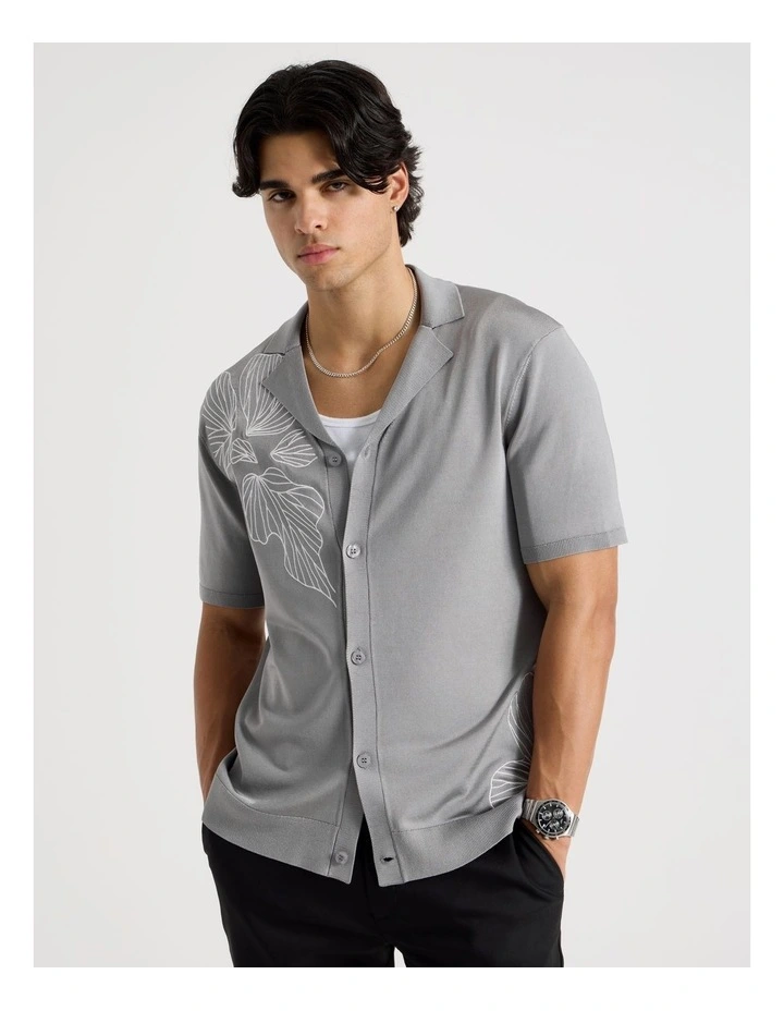Embroidered Knit Short Sleeve Shirt in Grey image 1