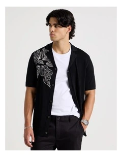 Embroidered Knit Short Sleeve Shirt in Black