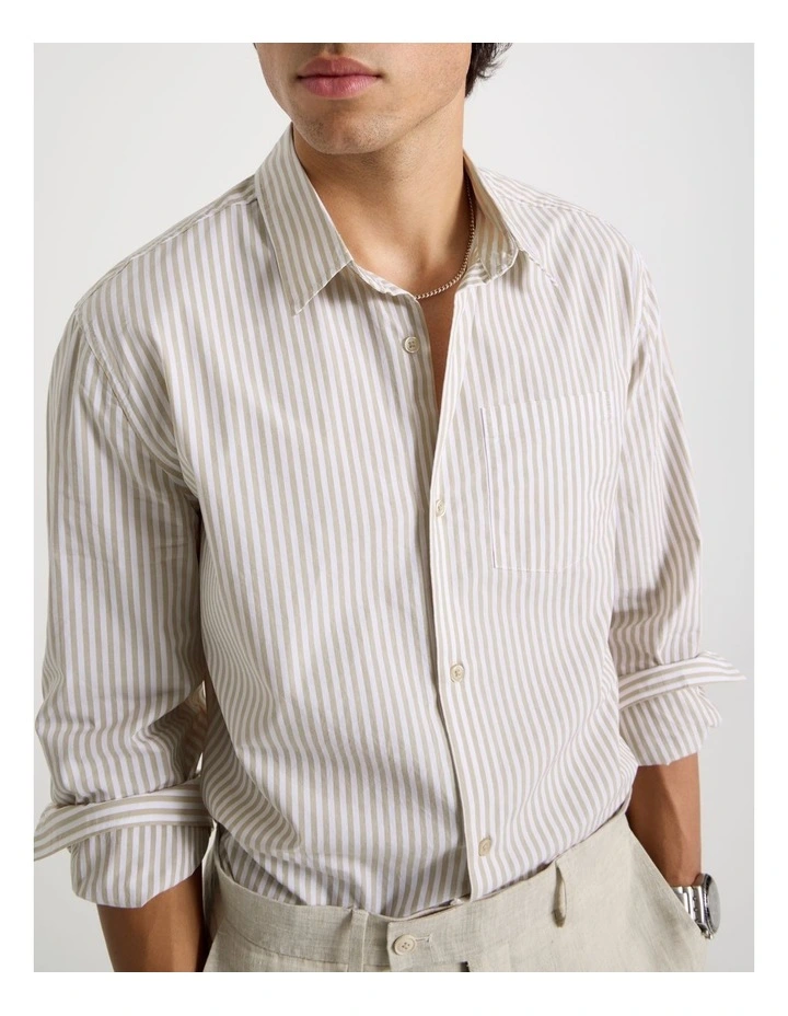 Oversized Striped Long Sleeve Shirt in Natural image 3