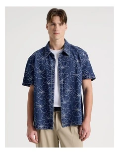 Denim Jacquard Short Sleeve Shirt in Mid Blues