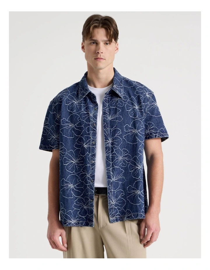 Denim Jacquard Short Sleeve Shirt in Mid Blues image 1
