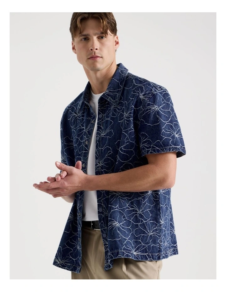 Denim Jacquard Short Sleeve Shirt in Mid Blues image 3