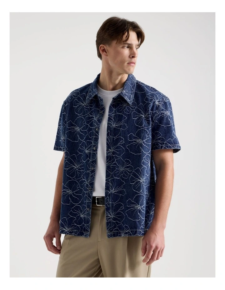 Denim Jacquard Short Sleeve Shirt in Mid Blues image 5