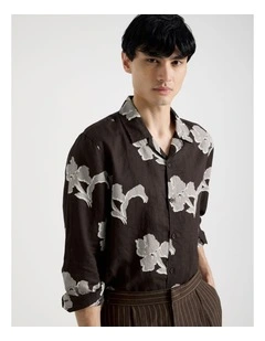 Linen Blend Long Sleeve Printed Shirt in Chocolate